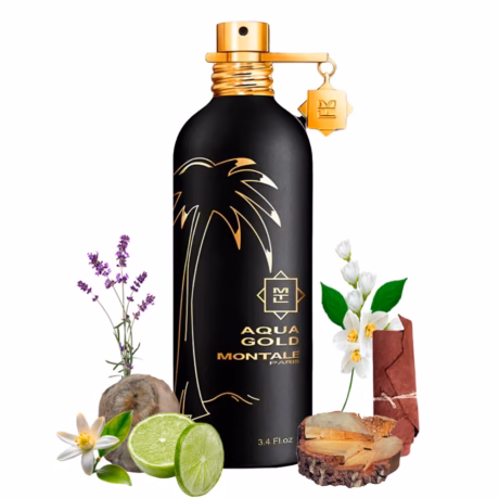 Детайл на бутилката Montale Aqua Gold със златисти акценти и минималистична визия.