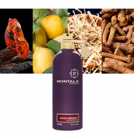 Montale Aoud Greedy върху тъмен фон, подчертаващ сладкия ориенталски характер.
