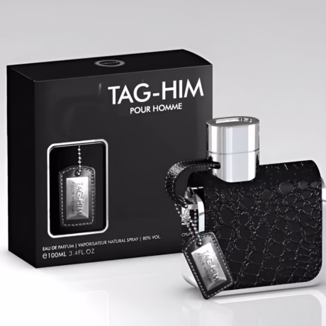 Детайлен изглед на Tag Him флакон с метални акценти