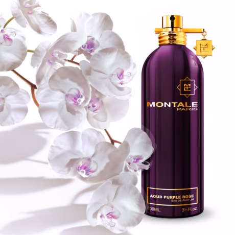 Montale Aoud Purple Rose върху тъмен фон, подчертаващ розовия и ориенталски характер