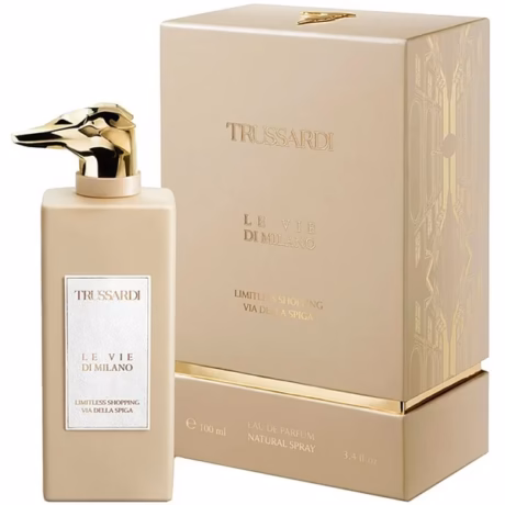 Trussardi Limitless Shopping Via della Spiga нишов аромат върху елегантен фон