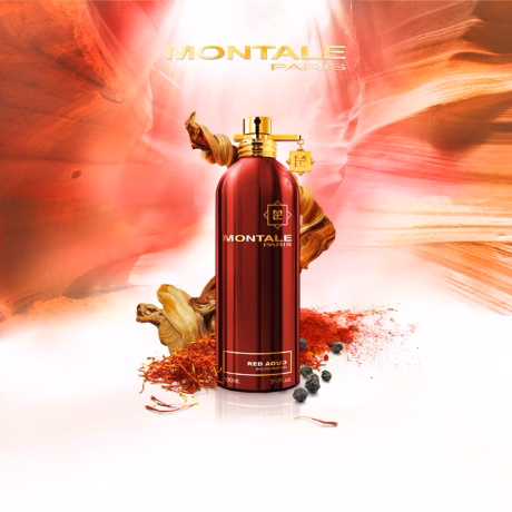 Детайл на флакон Montale Red Aoud EDP с елегантен метален дизайн.