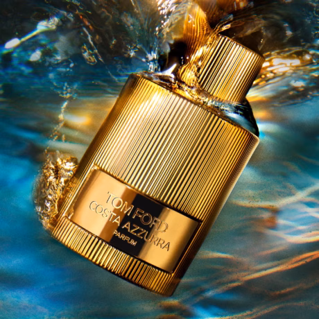 Детайлен изглед на златистия флакон Tom Ford Costa Azzurra Parfum