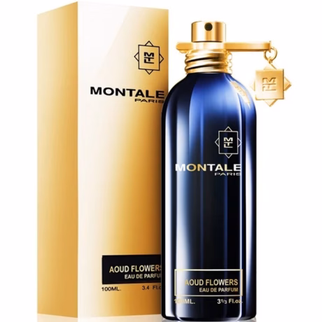 Детайлен изглед на синия метален флакон Montale Aoud Flowers