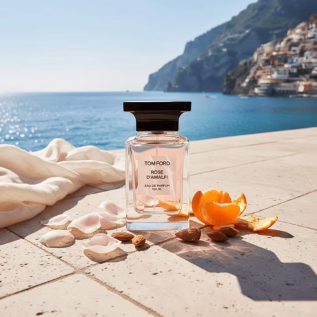 TOM FORD Rose d'Amalfi Eau de Parfum е изискан унисекс аромат с нежно цветно и свежо звучене. Композицията съчетава италиански бергамот, розов пипер, роза и хелиотроп. Топлите бадемови нюанси придават мекота и чувственост на този елегантен парфюм.  100% оригинален парфюм с гарантирано качество, наличен на супер цена с бърза доставка в цяла България.